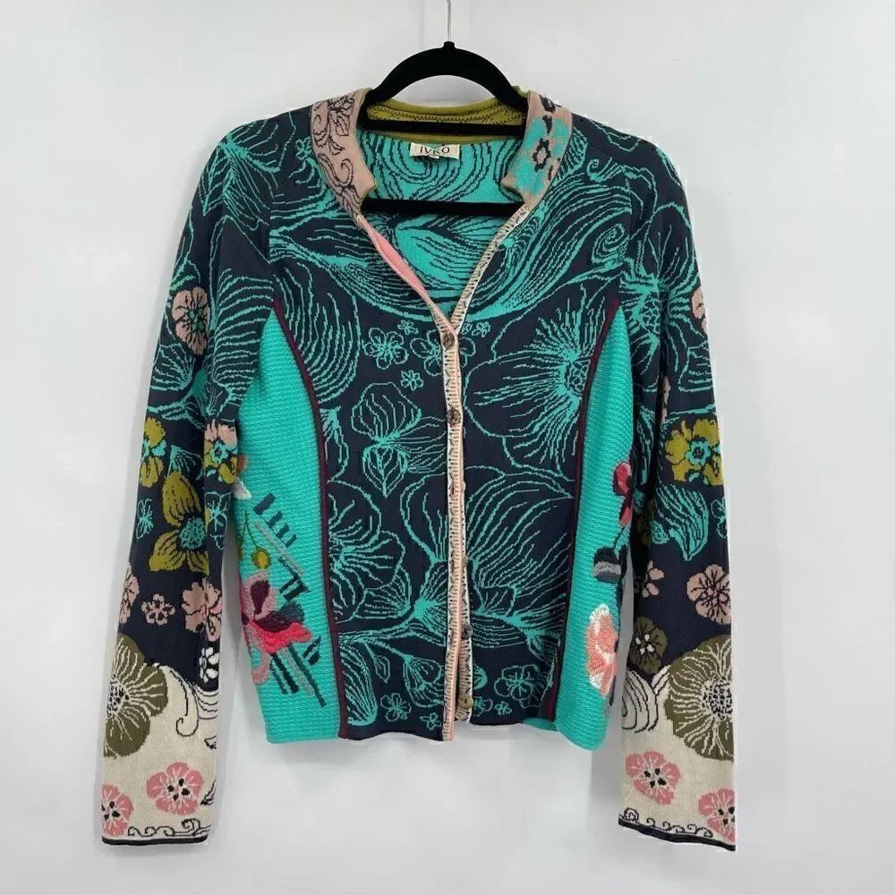 IVKO Anthracite Floral Embroidered Tight-Knit Cardigan Sweater Jacket Size 38